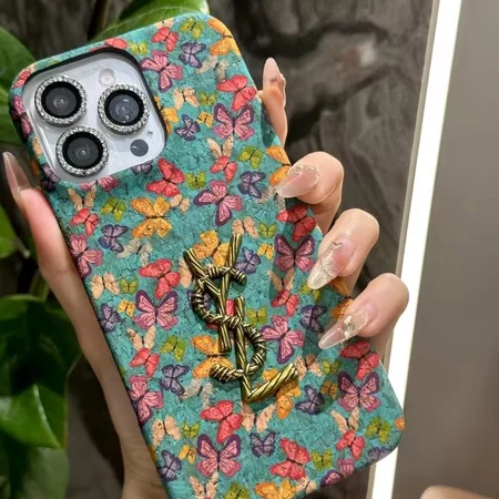 サンローランiphone16plusケース 蝶の花柄 韓国 激安
