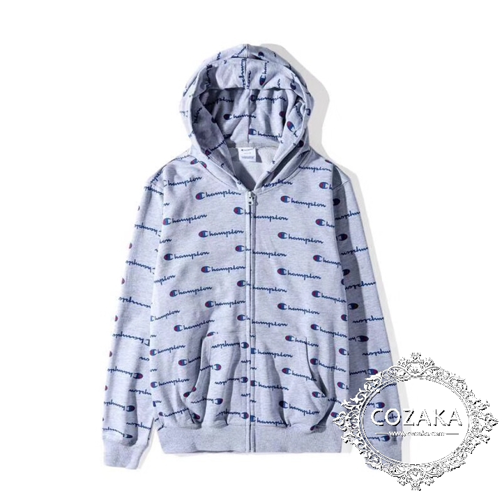 CHAMPION ジップアップパーカー ビッグロゴ総柄