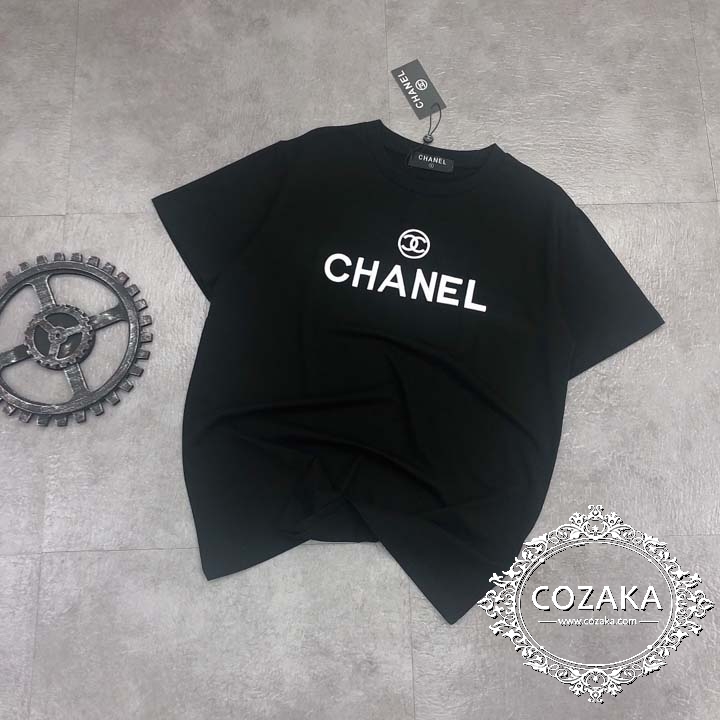 【COZAKA.com】シャネルCHANEL刺繍CCマークTシャツ-ブラック シャネルTシャツ ロゴ オシャレ