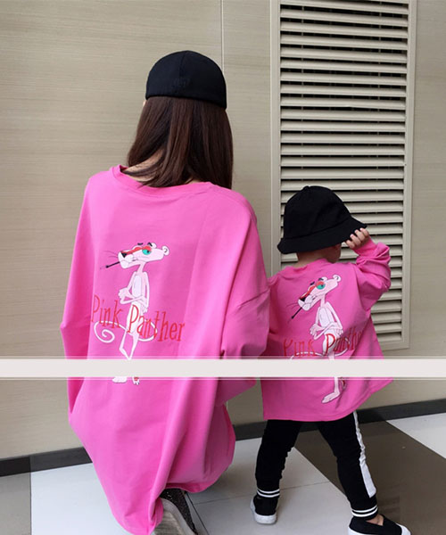 ピンク パンサー ロングスウェット キッズ かわいい ワンピース風長袖 親子服 韓国通販
